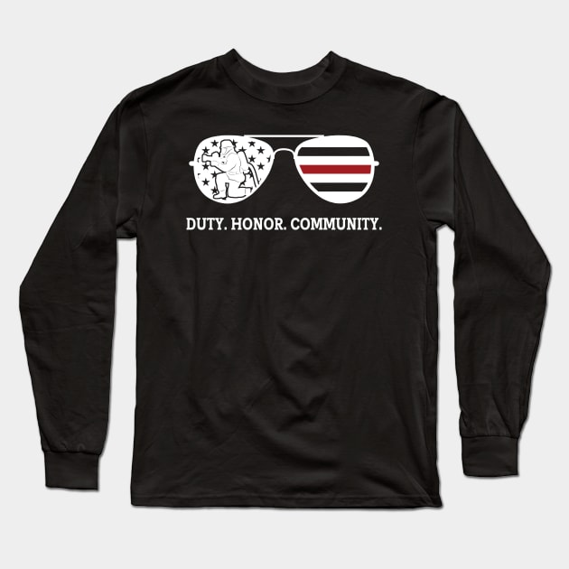 Fireman Memorial US Flag Thin Red Line Firefighter Sunglass Long Sleeve T-Shirt by Beautiful Butterflies by Anastasia